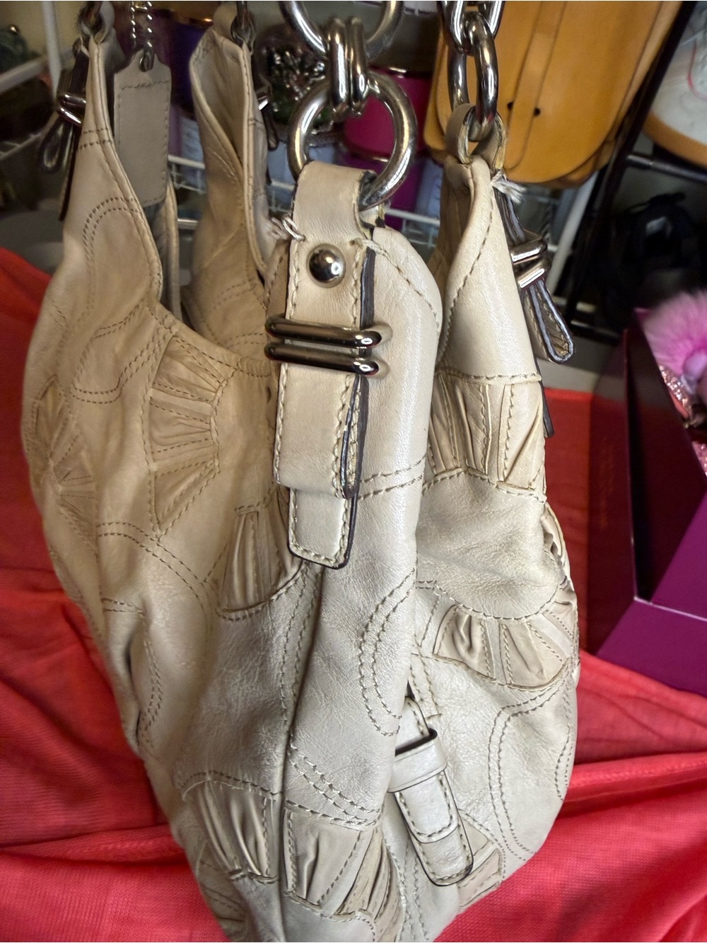 Women's Cream Leather Shoulder Bag - Elegant Neutral Carryall - Picture 9 of 12